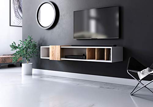 WFL GROUP Riva Meuble TV Mural Contemporain Suspendu - 150 cm - Blanc - Chêne Cover