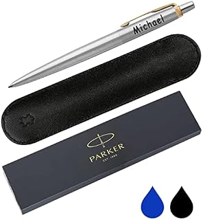 Personalised Engraved Parker Jotter Ballpoint Pen with Genuine Leather Pouch in 15 Colours - Choice of Blue or Black Ink, Parker Ballpoint Pen Gift, Personalised Parker Pen Jotter, Gifts For Teachers
