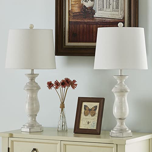 Maxax Traditional Table Lamps Set Of 2, Rustic Farmhouse Poly Bedside Nightstand Lamps With White Fabric Drum Shade For Living Room Bedroom - 27 Inches (White) #TOP2