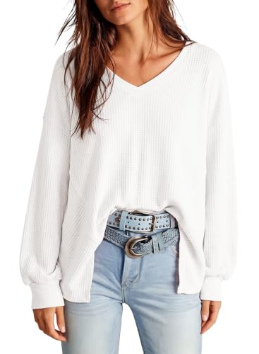 Image of Dokotoo Womens Waffle Knit Tops Trendy Fashion 2026 Oversized T Shirts | Lightweight,V Neck,Casual,Batwing Sleeve,Loose Fit,Irregular Hem,Boyfriend Style,Oversized,Fall Outfits
