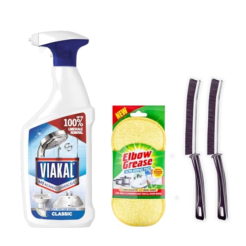 Limescale Remover Spray Bundle: Classic Limescale Remover Spray 500ml with Elbow Grease Scrubbing Sponge & Crevice Cleaning Brushes - Ideal for Limescale Removal on Toilet, Shower & Kitchen Surfaces