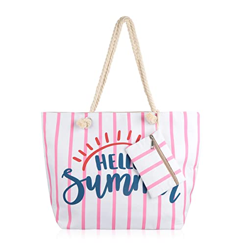 RIAH FASHION Large Reusable Eco Shopper Beach Tote - Canvas Fabric Travel Shoulder Bag Plaid Stripe (Hello Summer - Pink)