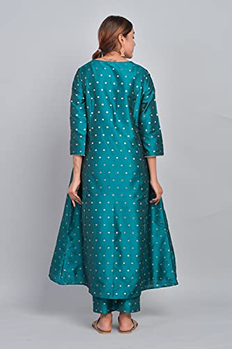 Image of Riara Art Silk Women Long Anarkali Kurti with Pant Polka Dot A-line Ladies Ethnic Wear Dress