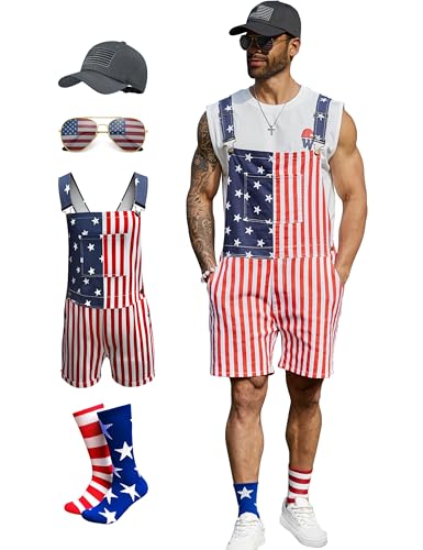 Odefou 4th of July Overalls Men,USA Hat,Patriotic Socks,American Flag Sunglasses,4