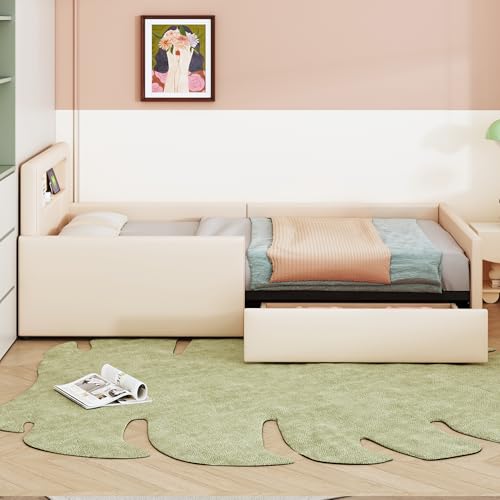 Modern Jugendbett 90x200 cm Polsterbett, Bett mit Lattenrost & Stauraum, Polster Kopfteil mit LED Nachtlicht & USB-Ladeanschluss, Kunstleder, Kinderbett für Jungen & Mädchen (Beige) – Bild 6