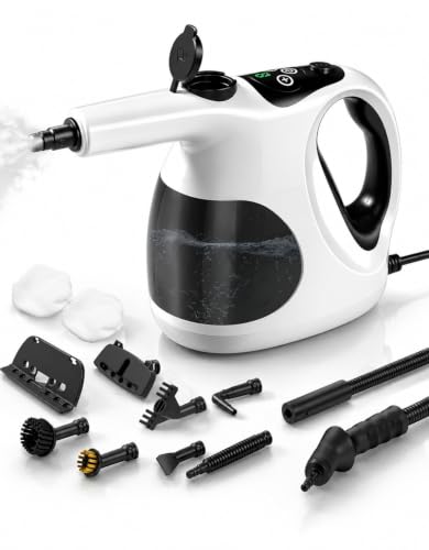Huopueit Nettoyeur Vapeur à Main 1200W, Vapeur Prête en 5S Nettoyeur Vapeur Portable, 3 Niveaux de Vapeur, 105°C Haute Température, 10 Accessoires pour Cuisine, Salle de Bain, Vitres, Voiture