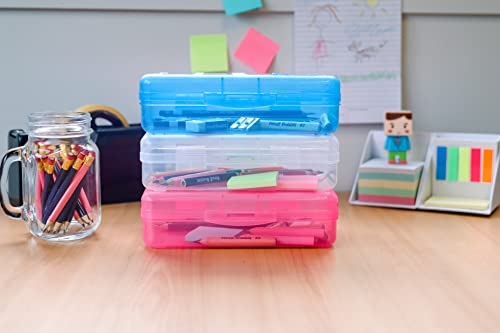 Plastic Pencil Box (3 Pack), Pencil Case, Adults And Kids, Large Capacity Hard Pencil Case With Snap Tight Lid, Crayon Box Storage (Clear, Pink And Blue) #TOP1