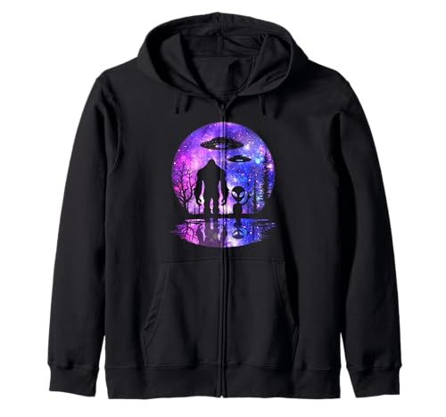 Alien And Bigfoot Full Moon Sasquatch UFO Zip Hoodie