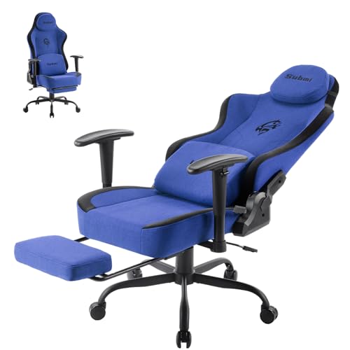 Submi Gaming Sessel, Ergonomischer Stoff PC Gaming Stuhl, Gamer Stuhl mit Fußstütze, Gaming Chair mit Kopfstütze & Lendenstütze, Computerstuhl für Erwachsene, Teenager (Blau)