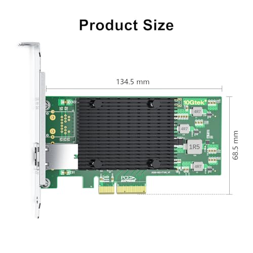 10Gtek 10Gb PCI-E NIC Network Card, Single Copper RJ45 Port, with Intel X550-AT2 Controller, PCI Express Ethernet LAN Adapter Support Windows Server/Linux/ESX, Compare to Intel X550-T1