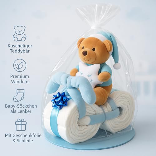 Windeltorte Junge in Blau – Motorrad mit Kuscheltier, Geschenk zur Geburt & Taufe – Handgefertigte Baby Windeltorte mit Windeln, Mullwindel & Glückwunschkarte