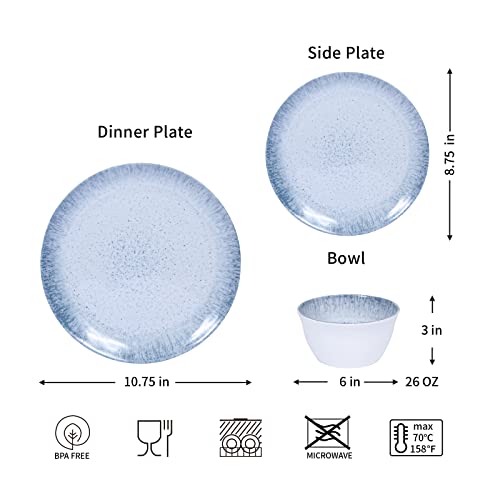 Dinnerware Set - 12Pcs Melamine Plates And Bowls Set, Service For 4, Light Blue With Spot #TOP1