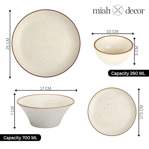 Image of Miah Decor Ceramic Dinner Set - 14-Piece Handmade Stoneware | 4 Bowls, 4 Quarter Plates, 4 Dinner Plates & 2 Serving Bowls | Off White Ribbed Matte Finish | Microwave & Dishwasher Safe | Ideal Gift