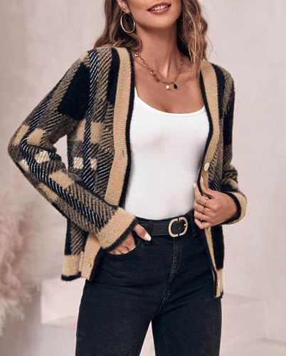 Imily Bela Womens Cardigan Sweaters Plaid Fuzzy Knit V Neck Button Down Long Sleeve Cozy Cardigans Pullover Tops4