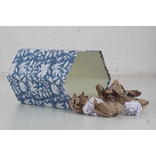 Image of Floral Hand Block Printed 3.3 Gallon Decorative Waste Basket - Eco-Friendly Cardboard Trash Can, Plastic-Free & Sustainable, Perfect for Christmas and Housewarming Gifts (1, Blue Sun FLOWAR)