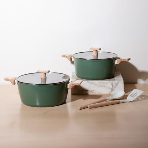 Image of Kreme Ceracook Ceramic Coated Granite 6 Pc Casserole Cookware Set, Stew Pot, Biriyani, ISI Certified Cooking Pot, Forged Aluminium, Gas & Induction Use, PFAS & PTFE Free, 1 Yr Warranty, Olive Green