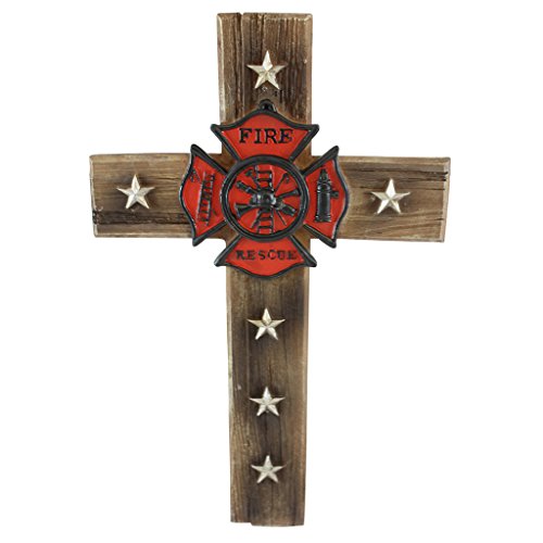 Pine Ridge Firefighter Fire and Rescue Wall Cross Home Decor- Religious Christian Wood Look Maltese Decoration with Star Accents and Fireman Shield Centerpiece -Volunteer Department Gift Collectibles
