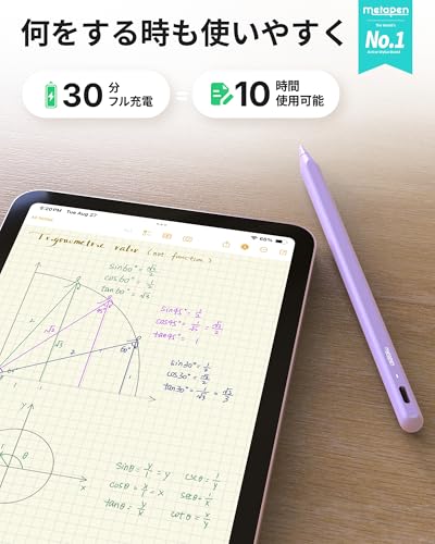 Metapen A8 iPad ペン 2018年~2025年i Pad対応 iPad ペンシル 鉛筆 傾き感知 磁気吸着機能 アップルペンシル 極細 超高感度 パームリジェクション機能 軽量 耐摩 タッチペン USB-C Type-C急速充電 スタイラスペン 子供 学生 デザイン用 ドローイング用「紫·パープル」