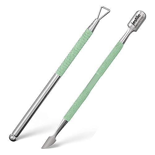 Jestilo Stainless Steel Cuticle Pusher and Nail Scraper (2 pack) – Dual Head UV Gel Polish Remover Tool, Cuticle Stick & Trimmer for Gel Nails, Fingernails & Toenails, Nail Care Kit (Green)