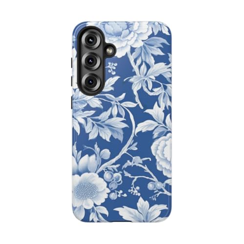 Coque Samsung S25 Plus motif floral bleu et blanc rigide brillante contre rayures et chocs