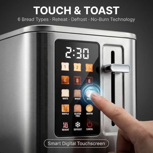 Image of 2026 Upgraded TAZTIR Touch Screen Toaster 2 Slice, Premium Stainless Steel Digital Bread Toaster with Timer, 1.5'' Wide Slot, 6 Shade Settings & 6 Bread Types, Bagel Defrost Reheat Cancel Functions