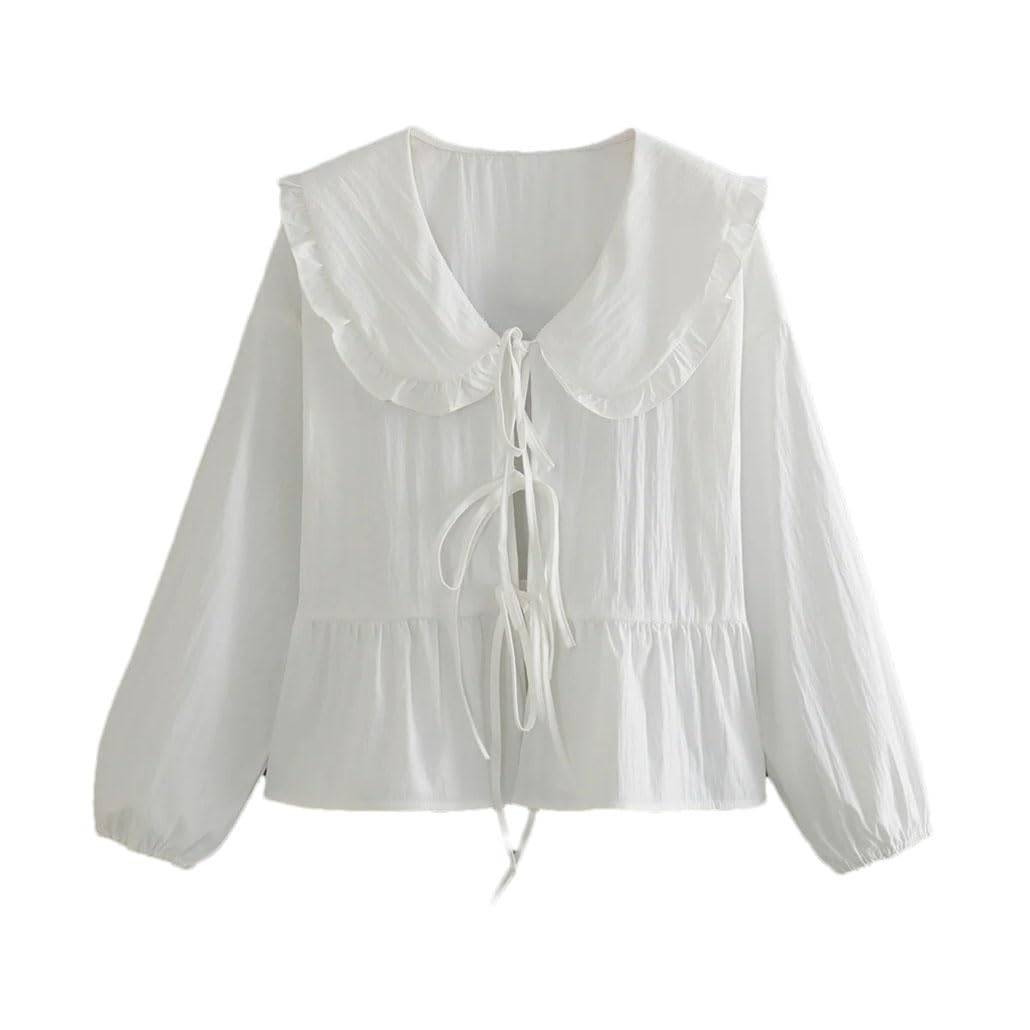 Camicia da donna tinta unita con fiocco frontale con lacci a maniche lunghe camicette top camicie casual