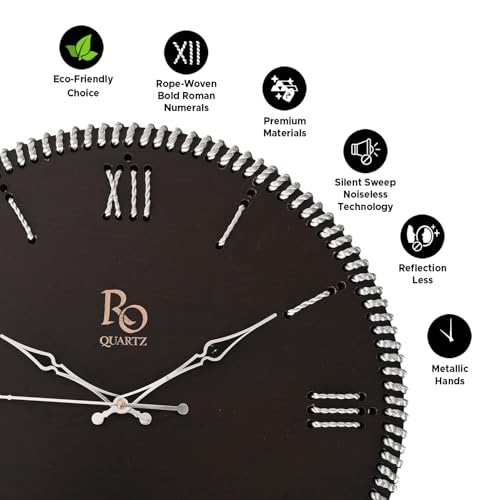 Image of Wooden Round Shape Roman Dial Analog Clock with Silver Hand and Silver Zari Rope Detailing | Stylish Silent Quartz Movement Anti Reflection Wall Clock for Home & Office (Black, 15.5 inch)