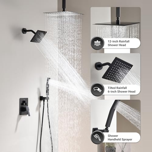 Sistema de duchas duales Dasan en negro mate con ducha de lluvia de 12 pulgadas para techo y ducha de alta presión de 6 pulgadas para pared, juego completo con ducha manual y grifo de 3 funciones miniatura 2