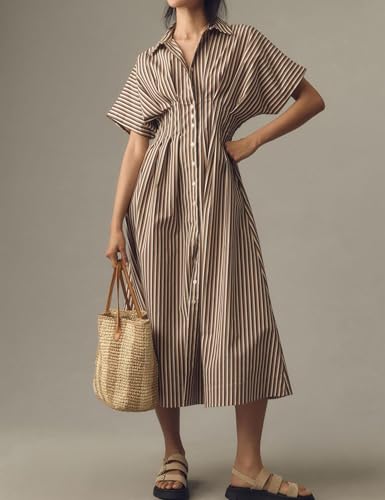 Women Casual Striped Button Down Pleated Shirt Maxi Dress Summer Lapel V Neck Short Sleeve Empire Waist Long Dress2