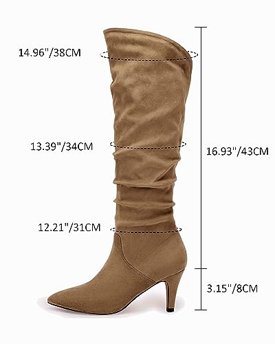 Coutgo Womens Slouchy Knee High Boots Wide Calf Kitten Heel Pointed Toe Pull On Long Boots Winter Shoes4