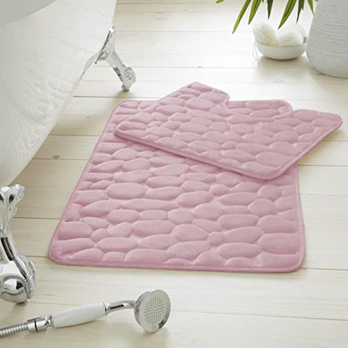 GC GAVENO CAVAILIA Premium 2 Piece 100% Memory Foam Pebble Bath Set, Super Soft Anti Slip Bathroom Toilet Rug Pedestal Mat, Blush Pink