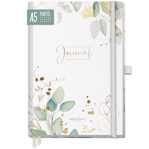 Cuaderno Punteado Premium A5 Paper&you® - 188 Páginas De Papel Grueso 120 G/m², Banda Elástica, Soporte Para Bolígrafo, Cubierta Suave Beige