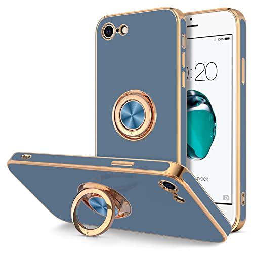 Image of Hython Case for iPhone SE 2022, iPhone SE 2020, iPhone 7 Case, iPhone 8 Case with Ring Holder Stand Magnetic Kickstand, Plating Rose Gold Soft TPU Bumper Camera Protection Shockproof Phone Cases-Gray