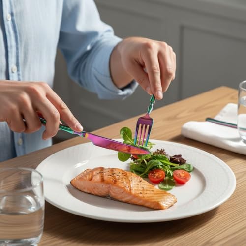 Image of 15 Pcs Rainbow Cutlery Set for Dining Table the Perfect Lightweight Silim Handle Tableware Including Dinner Spoon, Dinner Fork, Dinner Knife, Dessert Spoon & Dessert Fork