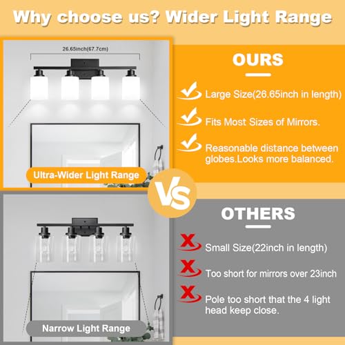 Image of Unicozin 4-Light Bathroom Light Fixtures, Modern Black Vanity Light Over Mirror, Wall Sconces with Milky White Glass Shades for Living Room Bedroom Hallway E26 Base