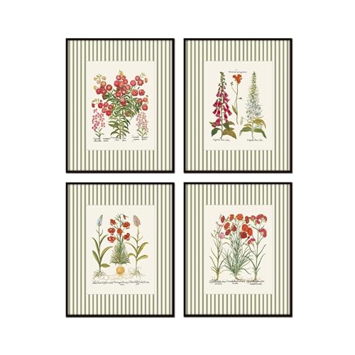 Belle Maison Art Botanical Prints With Green Stripe Border, Vintage Botanical Wall Art, Bedroom Kitchen Living Room Office, 5X7 SET OF 4, Smooth Matte Paper Prints, Unframed
