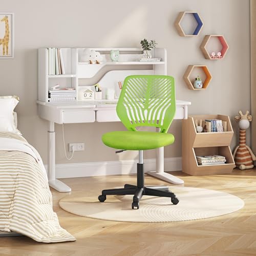 Image of Yaheetech Small Desk Chair, Armless Adjustable Swivel Seat, Green | Padded mesh seat and ventilated resin back, compact armless frame rolls and adjusts for study and small desks, holds 300 lb.