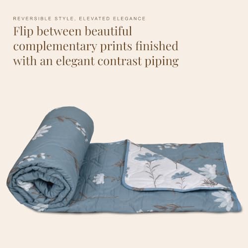 Image of HUESLAND Reversible AC Quilt Blanket Single Bed | 100% Cotton Quilted Shell, Super Soft 120 GSM Microfibre Wadding | Lightweight Comforter for All Weather Use | Floral - 55 x 88 inches