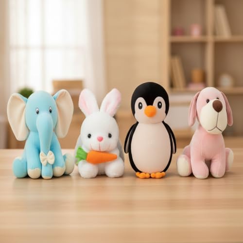 Image of Pack of 4 Elegant Soft Toys Combo Set (Blue Appu-Rabbit-Black Penguin-Pink Dog)