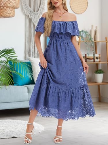 Women's Summer Midi Dress High Waist Off Shoulder Ruffle Short Sleeve Hollow Out A Line Casual Long Dress 20254