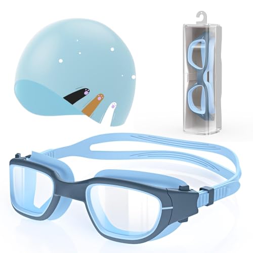 Zeligerstar Kids Swim Goggles with Silicone Swim Cap, Swimming Goggles Cap Set for Kids 6-14, Anti-Fog Anti-UV Pool Glasses for Boys Girls Children