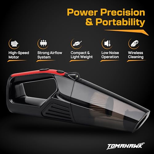 Image of Tomahawk TCV-126 Cordless Handheld Vacuum Cleaner, 120W 7.4V Rechargeable Car Vacuum, 5000KPA Suction, Wet & Dry Portable Vacuum for Home & Car, 0.35L Dust Cup, HEPA Filter, Lightweight for Pet Hair