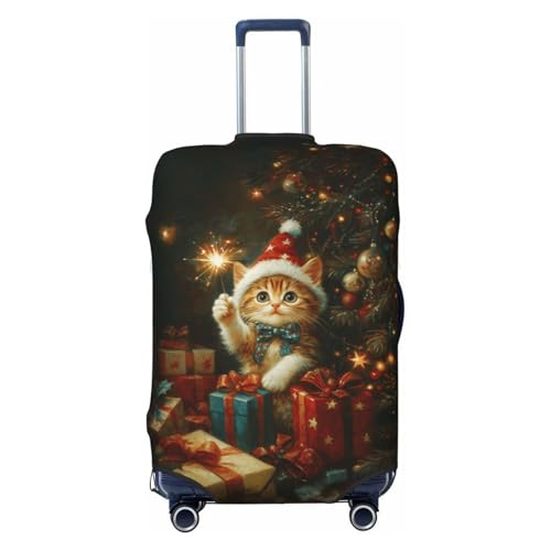 Adorable Kitten Wearing Christmas Attire Elastic Travel Luggage Covers Dustproof Scratch-Resistant Suitcase Protector Fit 22-24 Inch