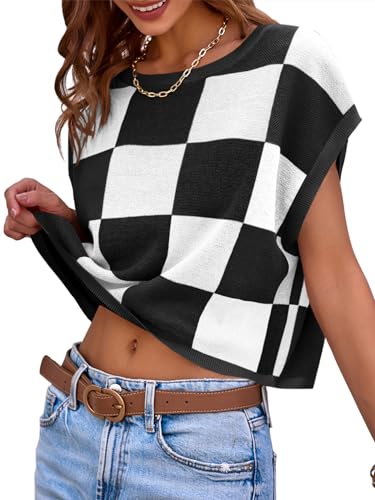 Saodimallsu Womens Cap Sleeve Crop Tops Summer Color Block Going Out Crew Neck Knit Trendy Casual Sweater