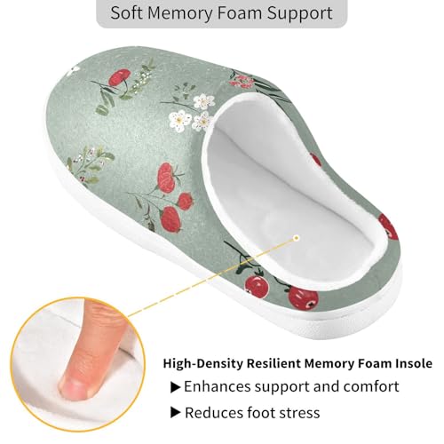 JUNZAN Funny Cranberries Fruit Sage Green Women Home Cotton Slippers Wide Memory Foam House Shoes for Bedroom Christmas Presents 6-72