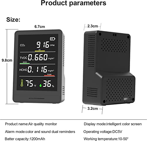 VACLAB Air Quality Monitor Indoor, 5-in-1 Portable CO2 Detector Air Quality Tester Indoor, Monitoring Carbon Dioxide, TVOC, Formaldehyde,Temperature and Humidity Se for Indoor, Office and Other Places - Thumbnail 6