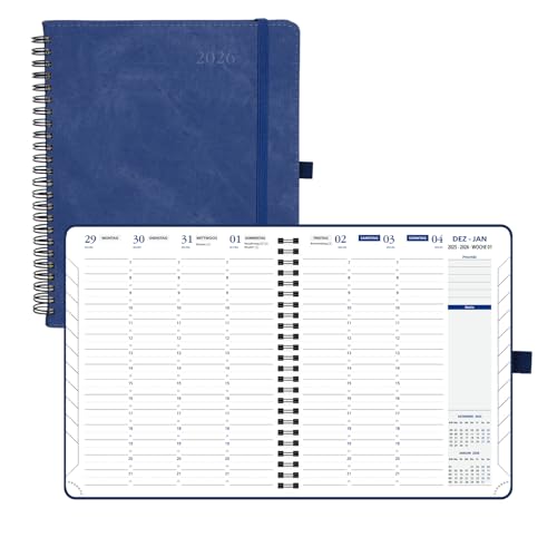POPRUN Terminplaner 2026 A5+ Ringbuch auf Deutsch - Wochenplaner mit 30-Minuten-Taktung & Monatsregister. Kalender 2026 Buchkalender mit PU-Leder Softcover - Dunkelblau