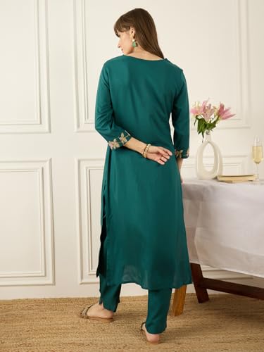 Image of INDO ERA Women's Silk Blend Floral Embroidered Straight Kurta & Pant Set (IESTR12217)