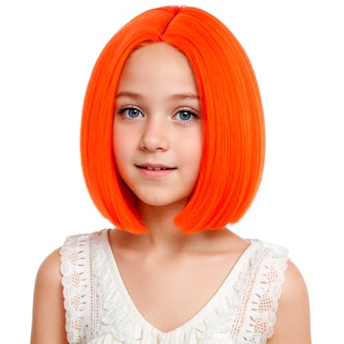 Image of Kids Orange Wigs Girls Orange Bob Wig Middle Part Bob Wig for Child Synthetic Wigs for Daily Halloween Party Use