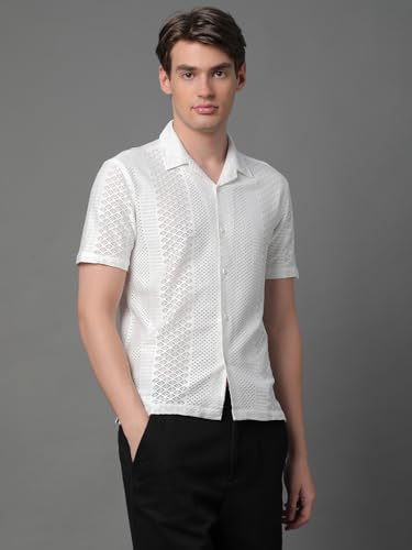 Image of Voroxy Poly Cotton Casual Loose Fit Shirts for Men with Stylish Structural Pattern Office & Formal Shirt with Branded Cuban Collar Style Half Sleeves Comfortable Wear